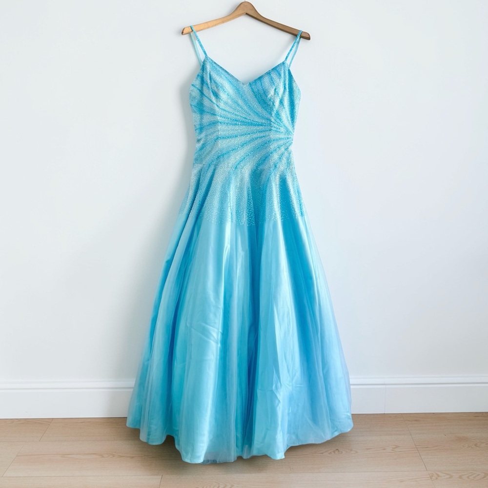 Vintage Y2K Prom Dress Blue Beaded Maxi Ball Gown Fairy Princess Sz 12 (Tag 14)